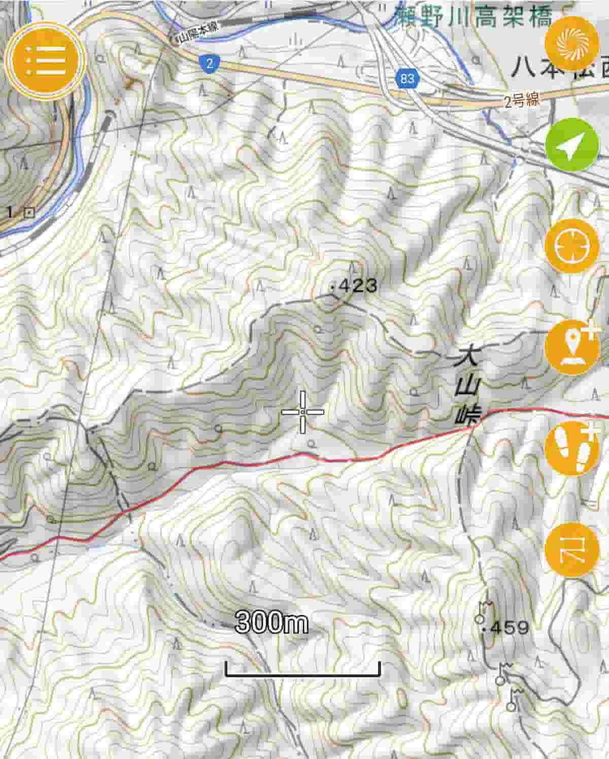 大山峠付近の地図（ジオグラフィカ）